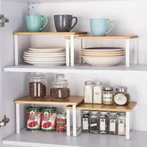Double Tier Bamboo Wooden Kitchen Storage Rack for Spices and Sundries-Durable Movable Design