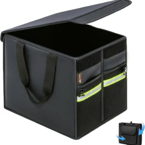 Modern Leather Rectangle 30-Liter Car Storage Bag 2 Carrying Straps Multi-Compartment Flexible Expandable Foldable Design All