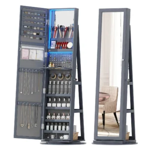 Rotatable LED Jewelry Cabinet with Safety Lock and Rear Storage Function Standing Dressing Mirror