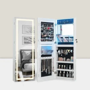 Wall Mounted Wooden Full Length Dressing Mirror Jewelry Cabinet with LED Lights Lockable Jewelry Storage Armoire Organizer