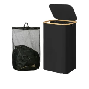 Oxford cloth foldable dirty laundry basket with bamboo frame, includes mesh bag for storing toys and snacks