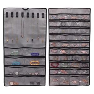 Double Sided Hanging Jewelry Organizer with Clear Pockets Large Capacity Jewelry Storage Bag for Necklaces Earrings Rings