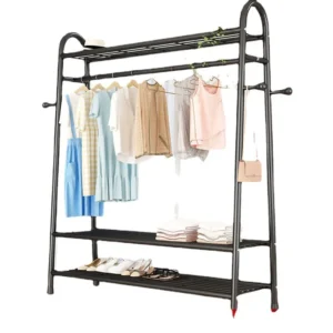 Freestanding Metal Garment Rack with Storage Shelves & Side Hooks, Space-Saving Clothes Hanger for Bedroom & Balcony
